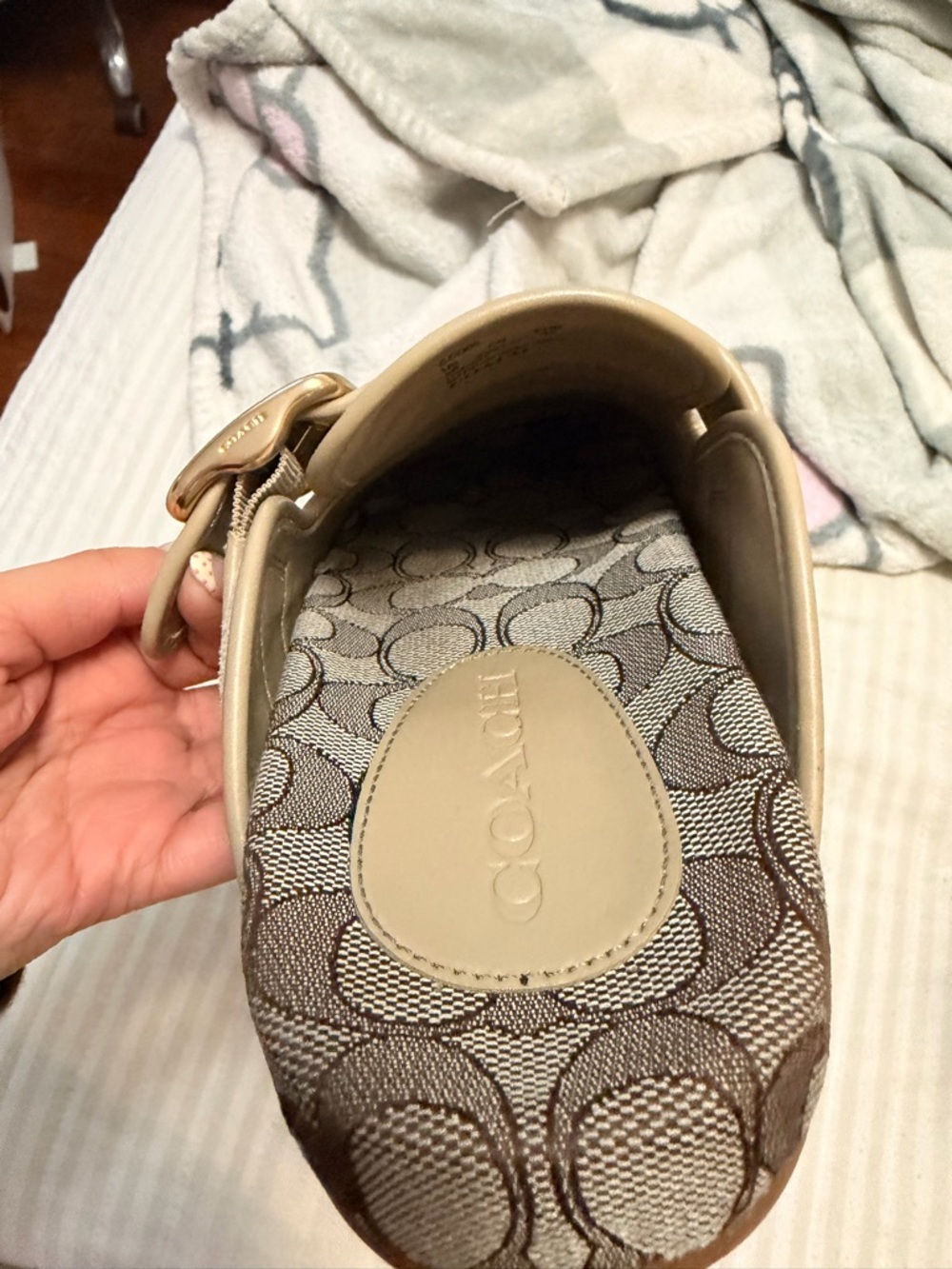 Coach Beige Suede Mules with Signature Monogram Trim and Gold Buckles - Picture 4 of 6